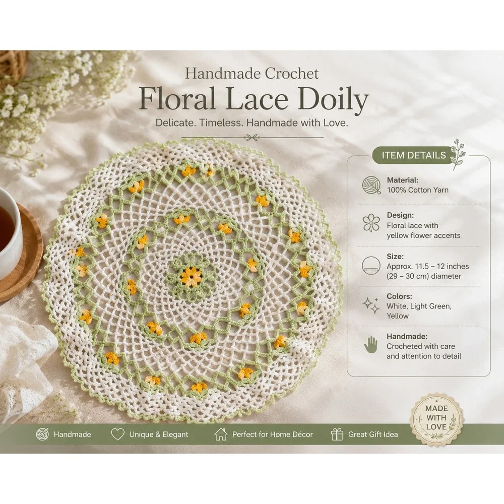 VTG Handmade Crochet Floral Doily Round White Green Yellow 12‎ Inch Cottagecore
